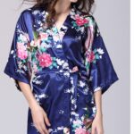 Navy Blue Floral Printed Sleepwear for Women - 1 Piece Nightwear with Belt