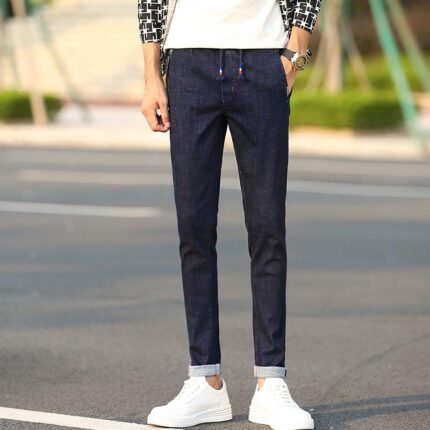 Navy Blue Casual Slim Fit Jogger Jeans For Men - Fashion Skinny Cotton Sweatpants Zipper with