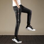 Black Slim Fit Jogger Jeans For Men - Fashion Skinny Cotton Sweatpants Zipper with Pockets - Image 2
