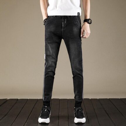 Black Slim Fit Jogger Jeans For Men - Fashion Skinny Cotton Sweatpants Zipper with Pockets