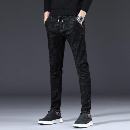 Textured Black Slim Fit Jogger Jeans For Men - Fashion Skinny Cotton Sweatpants Zipper with Pockets