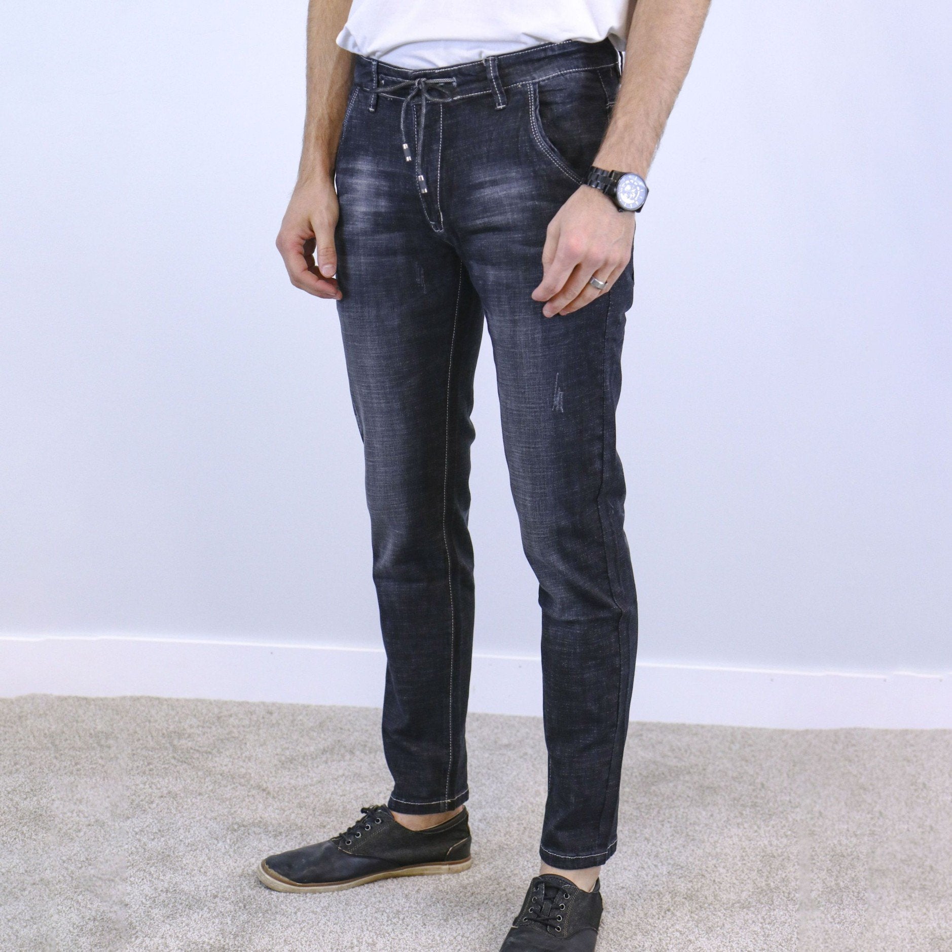CEJJE_008a-min Grey & Black Slim Fit Jogger Jeans For Men - Fashion Skinny Cotton Sweatpants Zipper with Pockets - Image 1