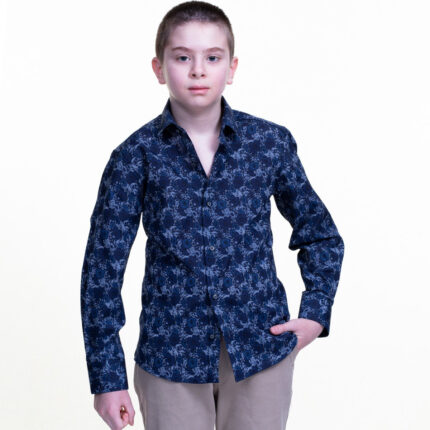 Dark Blue Snow Patterned Boys Floral Hawaiian Shirts - Tropical Long Sleeve Shirts for Casual Look - Celino Corp.