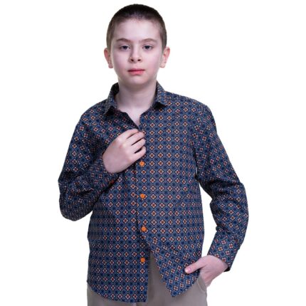 Blue Textured Orange White Dots Boys Floral Hawaiian Shirts - Tropical Long Sleeve Shirts for Casual - Celino Corp.