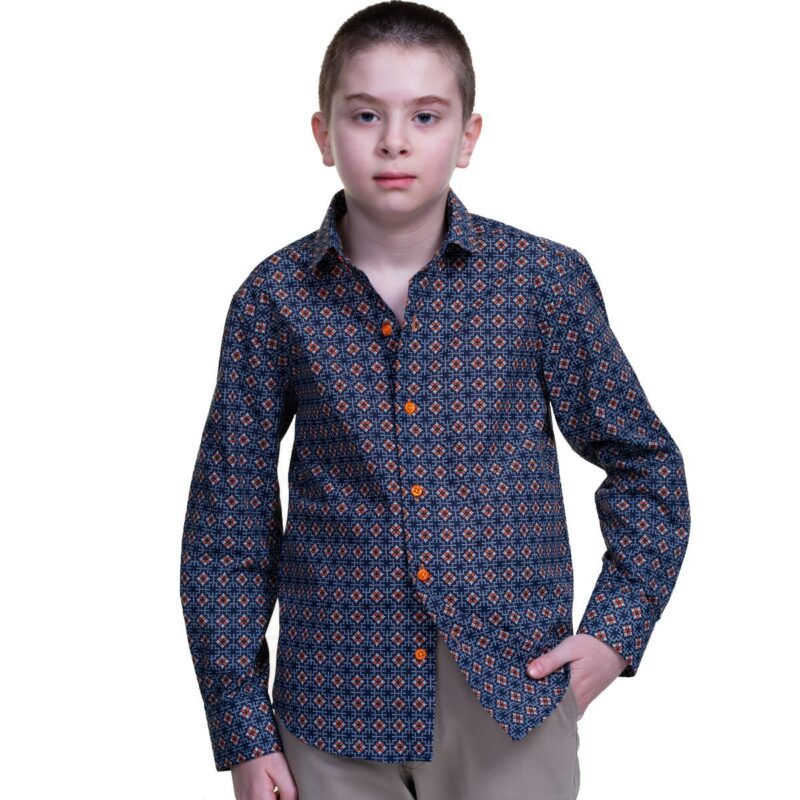 Blue Textured Orange White Dots Boys Floral Hawaiian Shirts - Tropical Long Sleeve Shirts for Casual - Celino Corp.