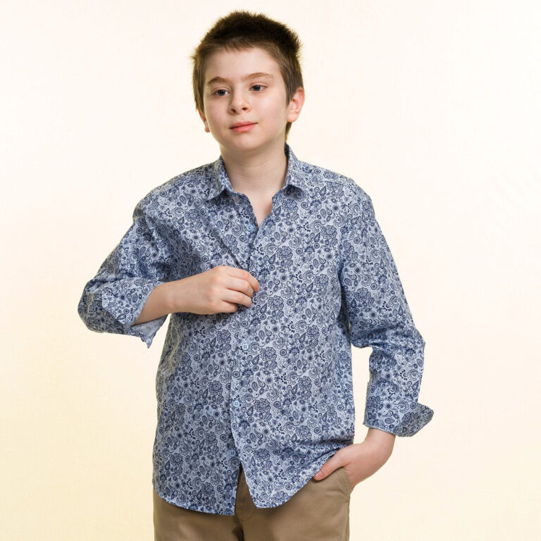 Grey With Blue Textured Boys Floral Hawaiian Shirts - Tropical Long Sleeve Shirts for Casual Look - Celino Corp.