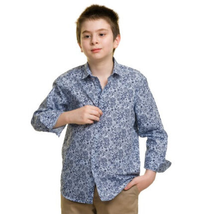 Grey With Blue Textured Boys Floral Hawaiian Shirts - Tropical Long Sleeve Shirts for Casual Look - Celino Corp.