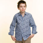 Grey With Blue Textured Boys Floral Hawaiian Shirts - Tropical Long Sleeve Shirts for Casual Look - Celino Corp.