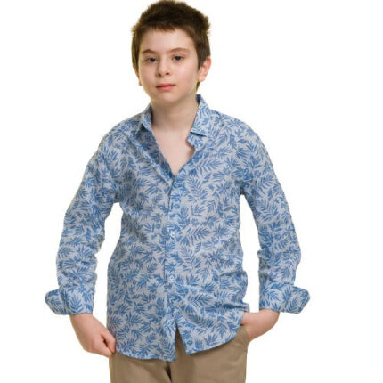 White With Blue Textured Boys Floral Hawaiian Shirts - Tropical Long Sleeve Shirts for Casual Look - Celino Corp.