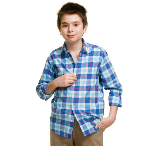 Dark Blue Checked With Red Lines Boys Floral Hawaiian Shirts - Tropical Long Sleeve Shirts for - Celino Corp.