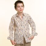 Wheat Colored With Puple & Yellow Floral Boys Floral Hawaiian Shirts - Tropical Long Sleeve Shirts - Celino Corp.