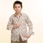 Wheat Colored With Puple & Yellow Floral Boys Floral Hawaiian Shirts - Tropical Long Sleeve Shirts - Celino Corp.