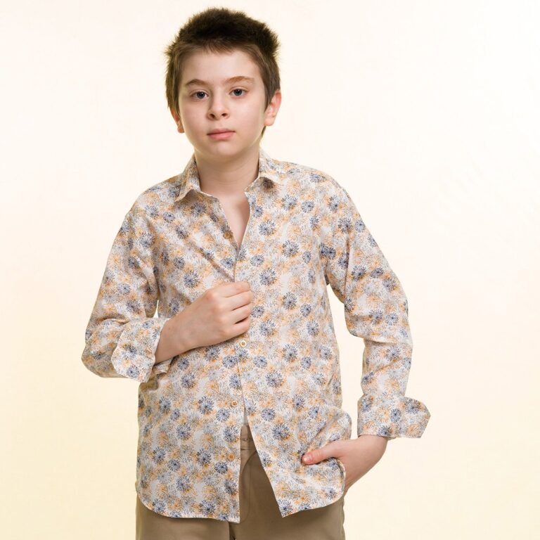 Wheat Colored With Puple & Yellow Floral Boys Floral Hawaiian Shirts - Tropical Long Sleeve Shirts - Celino Corp.