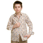 Wheat Colored With Puple & Yellow Floral Boys Floral Hawaiian Shirts - Tropical Long Sleeve Shirts - Celino Corp.
