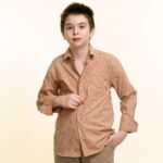 Peach Colored With Lines Boys Floral Hawaiian Shirts - Tropical Long Sleeve Shirts for Casual Look - Celino Corp.