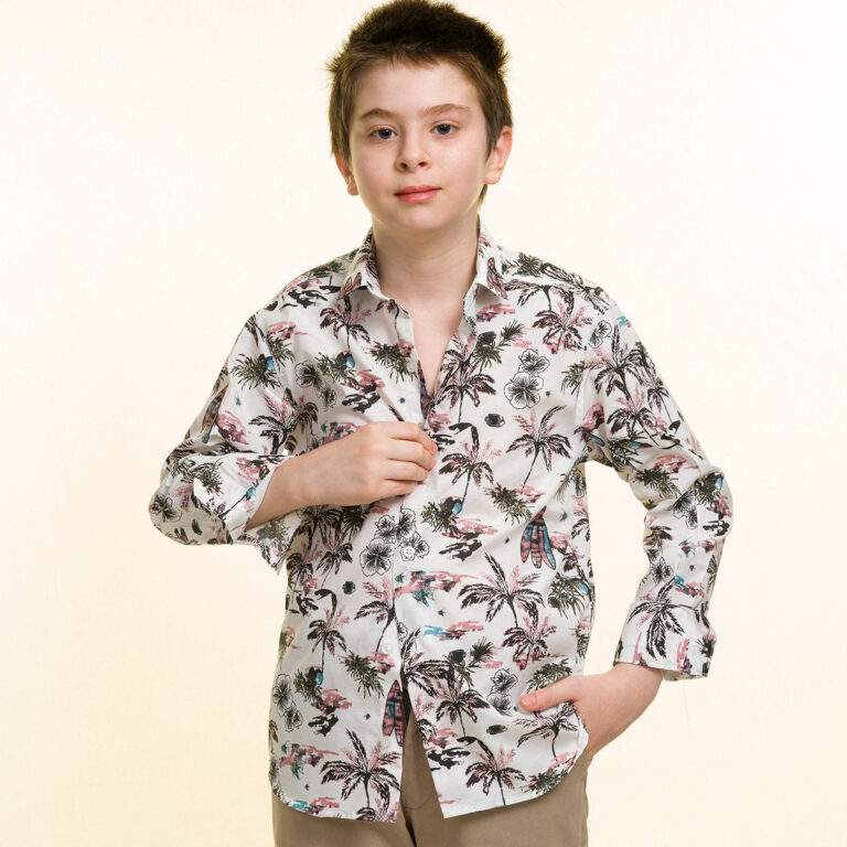 Light Grey With Multicolor Palm Tree Boys Floral Hawaiian Shirts - Tropical Long Sleeve Shirts for - Celino Corp.