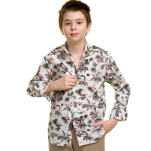 Light Grey With Multicolor Palm Tree Boys Floral Hawaiian Shirts - Tropical Long Sleeve Shirts for - Celino Corp.