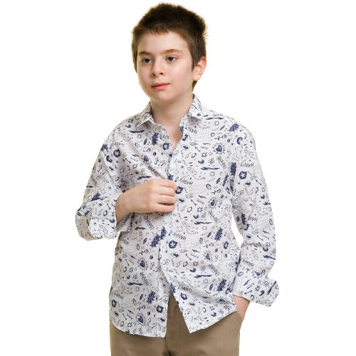 Light Grey Purple Texture Boys Floral Hawaiian Shirts - Tropical Long Sleeve Shirts for Casual Look - Celino Corp.