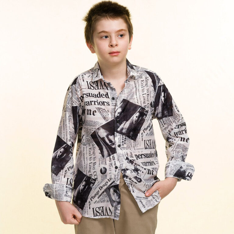 Balck & White Newspaper Style Boys Floral Hawaiian Shirts - Tropical Long Sleeve Shirts for Casual - Celino Corp.