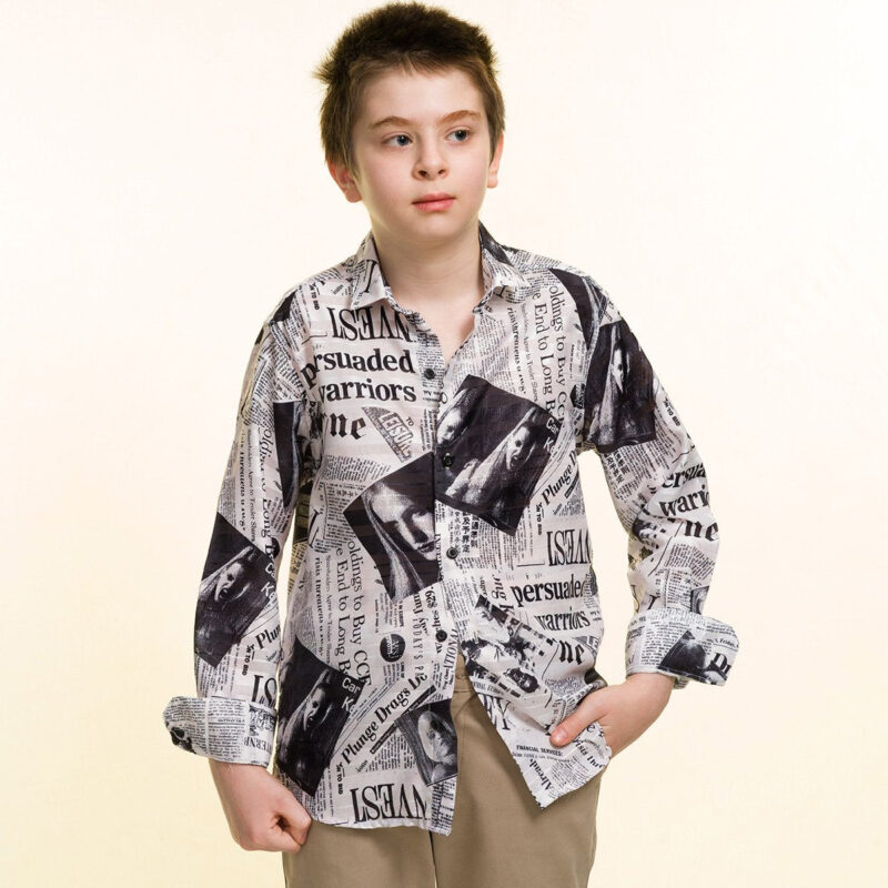 Balck & White Newspaper Style Boys Floral Hawaiian Shirts - Tropical Long Sleeve Shirts for Casual - Celino Corp.