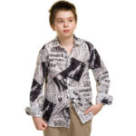 Balck & White Newspaper Style Boys Floral Hawaiian Shirts - Tropical Long Sleeve Shirts for Casual - Celino Corp.