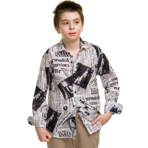 Balck & White Newspaper Style Boys Floral Hawaiian Shirts - Tropical Long Sleeve Shirts for Casual - Celino Corp.