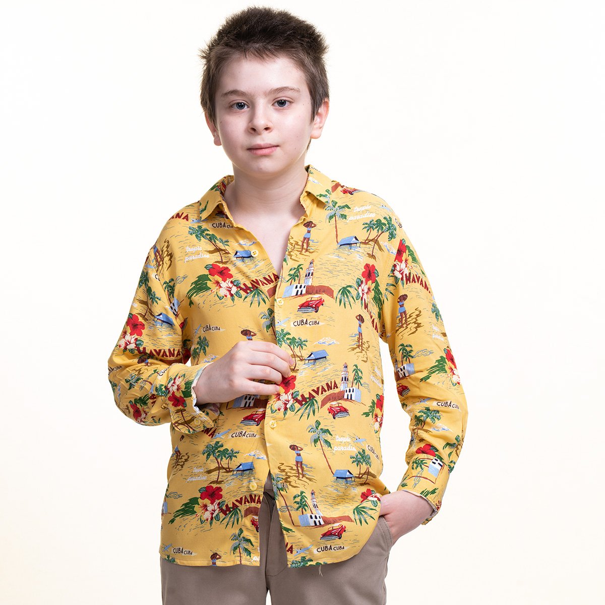 CEKG1124 Yellow Village Textured Boys Floral Hawaiian Shirts - Tropical Long Sleeve Shirts for Casual Look - Celino Corp.