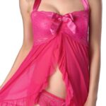 Pink 2 Piece Womens Lace Babydolls Sets - Low Cut Chemise Lingerie Set Sleepwear for Women