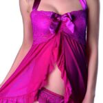 Fushia 2 Piece Womens Lace Babydolls Sets - Low Cut Chemise Lingerie Set Sleepwear for Women
