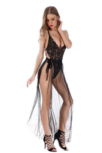 Black Bodysuit Long Mesh Sexy Maxi Long night dress - G string 2 Piece Set with Bottom & Mesh - Celino Corp.