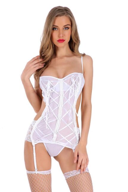 White Transparent Womens 2 Piece Lace Corset Lingerie Set - Push Up Bustier with G-String