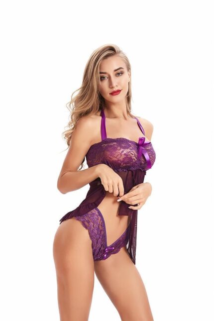 Violet Purple 2 Piece Womens Lace Babydolls Sets - Low Cut Chemise Lingerie Set Sleepwear for