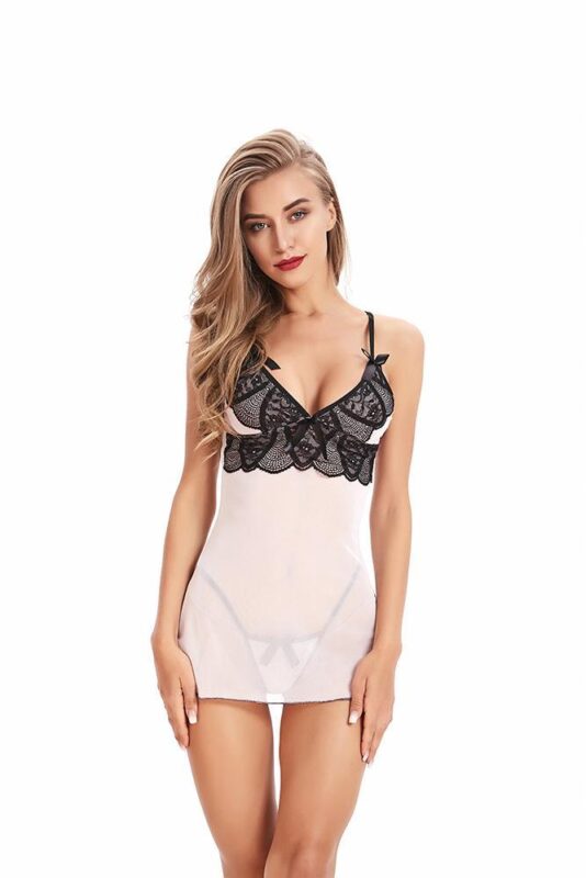 Black And White Sexy Transparent Lace Babydoll Sleepwear Lingerie - 2 Piece Set with G-String - Celino Corp.