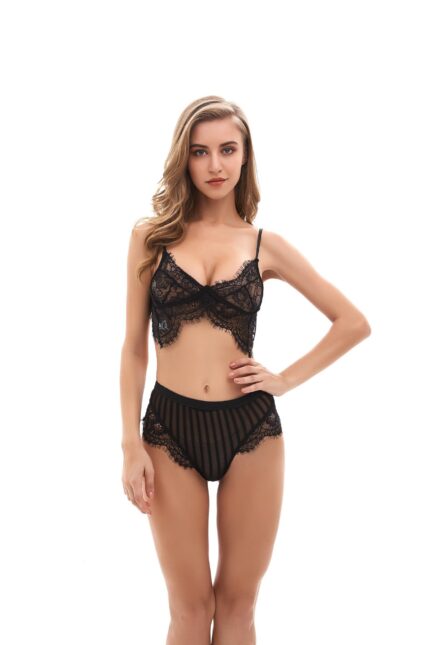 Black Spaghetti 2 Piece Womens Lace Babydolls Sets - Low Cut Chemise Lingerie Set Sleepwear - Celino Corp.