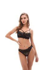 Black Strappy Womens Transparent Lace Bra and Panty Sets - 2 Piece Matching Lingerie Set for Women - Image 2