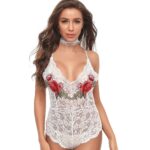 White 1 Piece Womens Dress Lace Fishnet Teddies - Sleepwear Lingerie Bodysuits with G-String