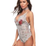 Grey 1 Piece Womens Dress Lace Fishnet Teddies - Sleepwear Lingerie Bodysuits with G-String