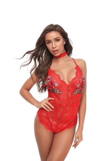 Red 1 Piece Womens Dress Lace Fishnet Teddies - Sleepwear Lingerie Bodysuits with G-String