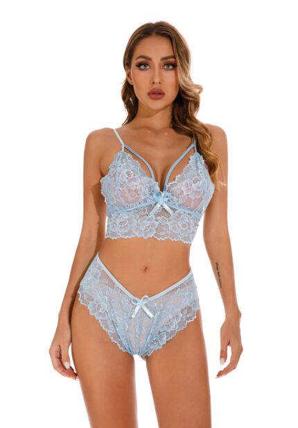 Light Blue Women's Elegantly Embroidered - Sleepwear Lingerie Bodysuits with G-String - Celino Corp.