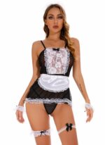 One Size Fit White & Black Women's Elegantly Embroidered - Sleepwear Lingerie Bodysuits with G-String - Image 3