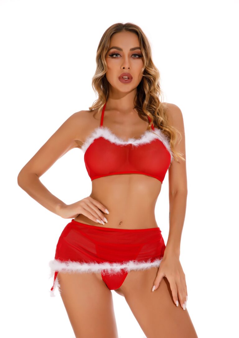 Christmas Red & White Women's Elegantly Embroidered - Sleepwear Lingerie Bodysuits with G-String - Celino Corp.