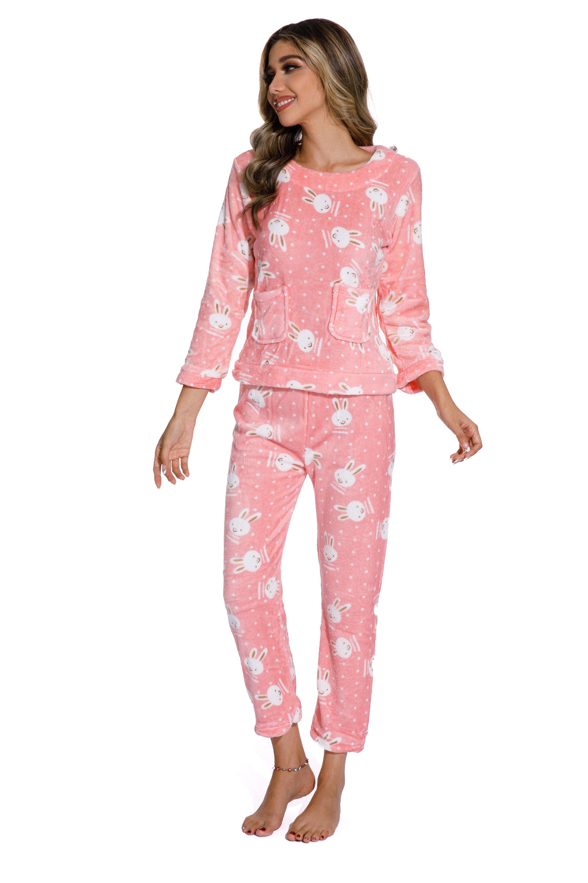 CELSLW001_1 Pink Autumn Long Sleeve Flannel Sleepwear Set - Celino Corp.