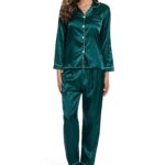 Green -Long Sleeve Women Pure Color Like Silk Sleepwear set