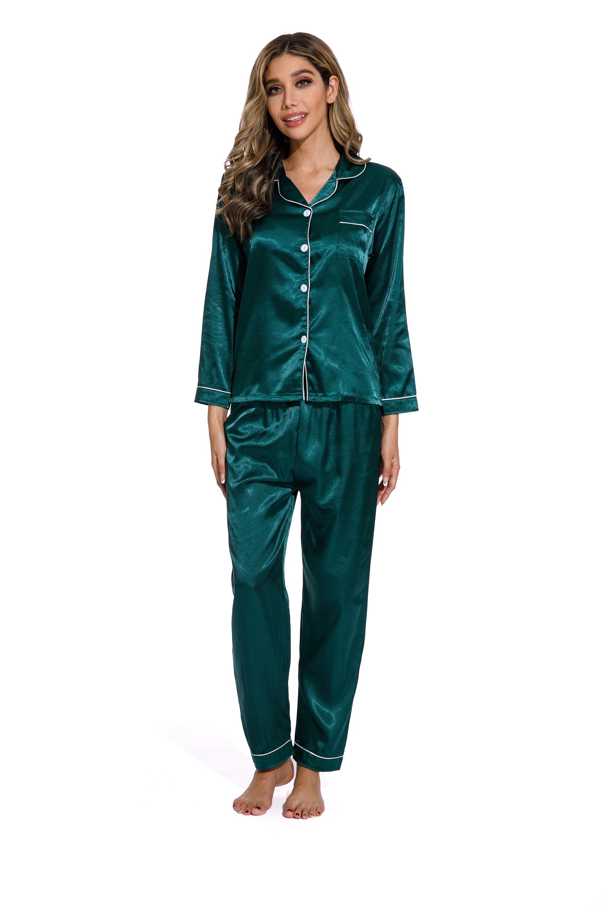 CELSLW004_1 Green -Long Sleeve Women Pure Color Like Silk Sleepwear set - Image 1