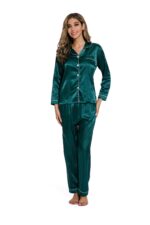 Green -Long Sleeve Women Pure Color Like Silk Sleepwear set - Image 4