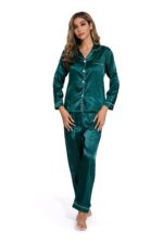 Green -Long Sleeve Women Pure Color Like Silk Sleepwear set - Image 2