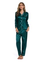 Green -Long Sleeve Women Pure Color Like Silk Sleepwear set - Image 5