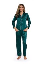 Green -Long Sleeve Women Pure Color Like Silk Sleepwear set - Image 7