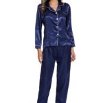 Blue-Spring Autumn Long Sleeve Women Pure Color Like Silk Sleepsuit