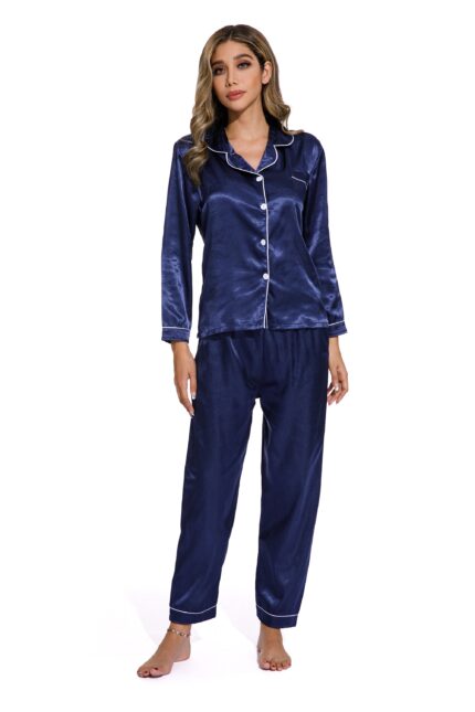 Blue-Spring Autumn Long Sleeve Women Pure Color Like Silk Sleepsuit